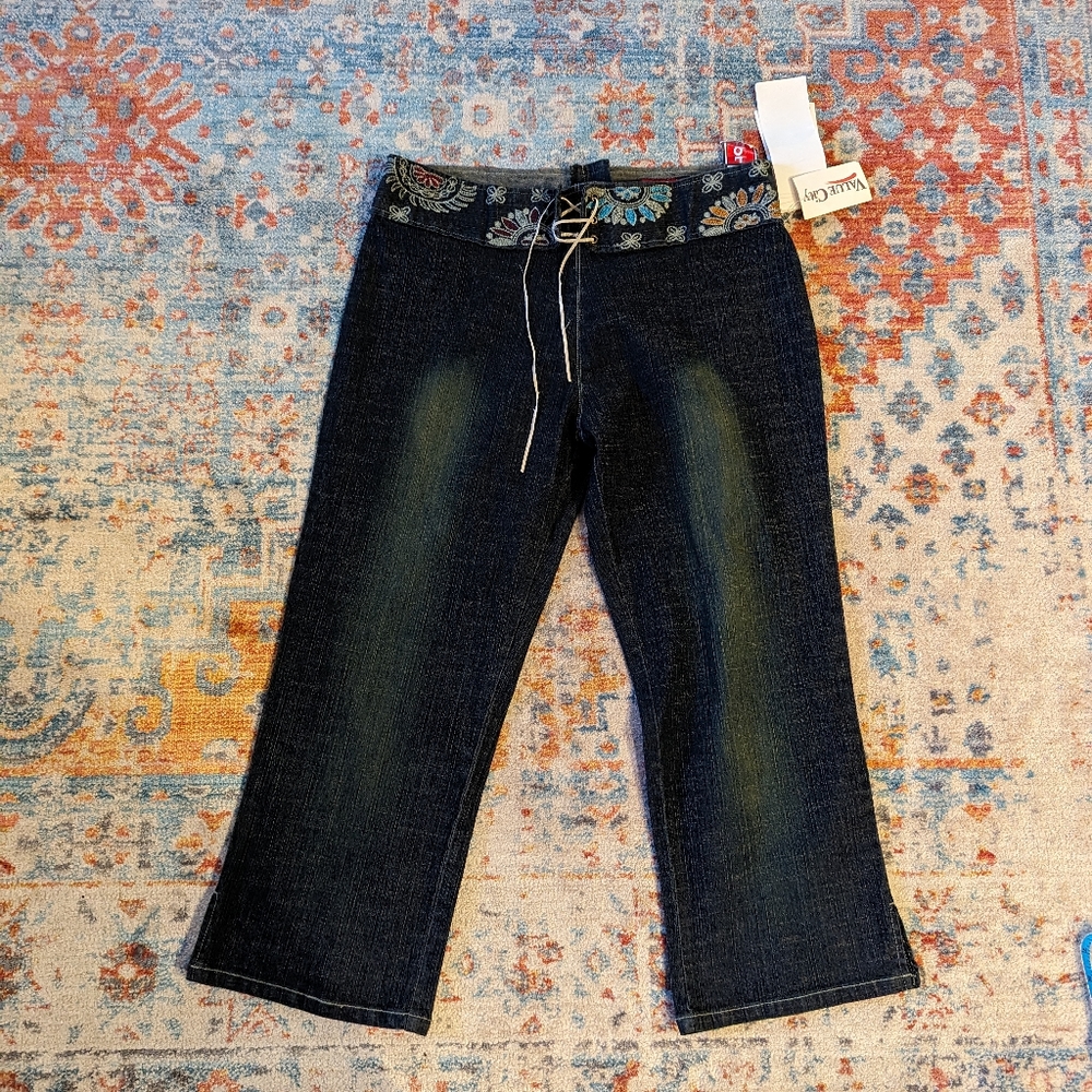 Vtg Y2K Size 14 Embroidery Floral Waist Band Crop Capri Jeans Boho No Pocket 192